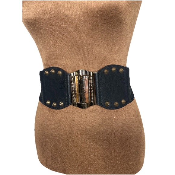 Women Wide Elastic Black Corset Belt Gold Metal Buckle Spikes Studded Size S-28" - Picture 1 of 16